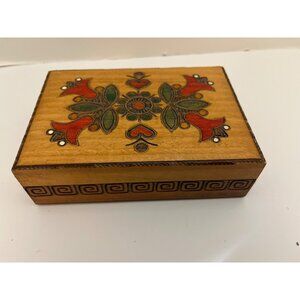Polish Folk Art Hinged Wood Burned Trinket Box Red Green Flowers Vintage